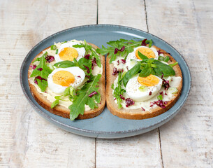 Boiled egg on bread with arugula, basil and pumpkin seeds cream in plate. Healthy food, keto diet, diet lunch concept.	
