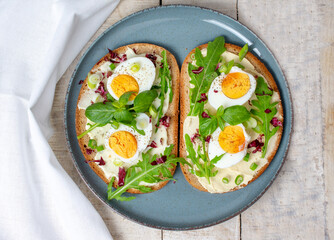 Boiled egg on bread with arugula, basil and pumpkin seeds cream in plate. Healthy food, keto diet, diet lunch concept.