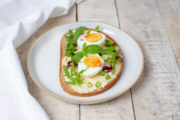 Boiled egg on bread with arugula. Healthy food