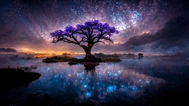 Tropical and exotic night forest,Fairytale forest with mystical magic lights reflected water. Living greenery of the forest.Unreal world. 3D illustration.background,environment,future imagine.