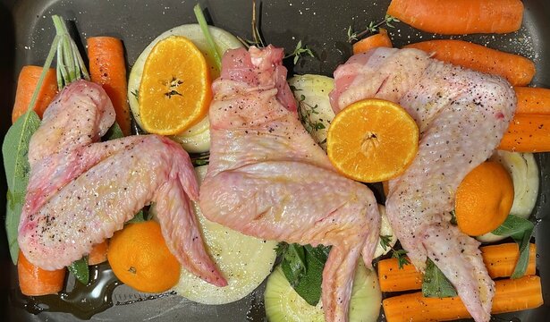 Overhead view of raw chicken wings, carrots, onions, orange, thyme and sage in a roasting pan to make a gravy