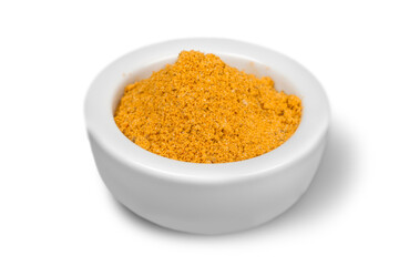 Collection of different spices with names in white pans, isolated