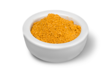 Collection of different spices with names in white pans, isolated