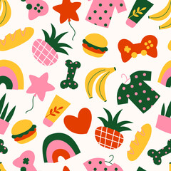 Doodle style seamless pattern. Online shopping. Various shopping objects. 