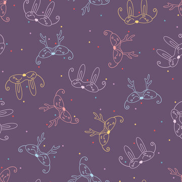 Lineart seamless vector pattern with deer and bunny photo booth party masks. Cute hand drawn Christmas background for card, gift, fabric, print, textile, wrapping paper, wallpaper, packaging, apparel.