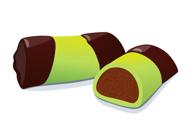 Vector swedish punch roll, illustration of green traditional candy dammsugare, marzipan sweet punschrulle