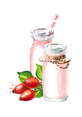 Homemade drinking  wild rose or Rosehips yogurt in the bottles. Hand  drawn watercolor illustration isolated on white background