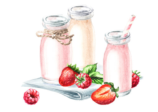 Homemade drinking berry yogurt in the bottles. Hand  drawn watercolor illustration isolated on white background