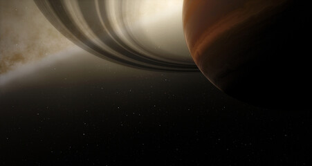 Saturn rings and stars. Sun rays and and a planet 3d illustration background © Studio-M