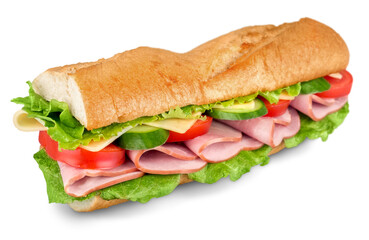 Ham and cheese salad submarine sandwich from freshly cut baguette