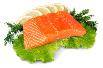 Fresh raw salmon with salt and lemon on  background