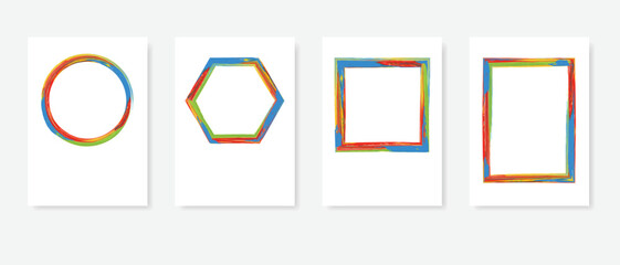 Set of colored geometric grunge frames on white layouts. Colored border texture. Square, rectangle, circle, hexagon concept. Decorative design. EPS10 vector - 542244790