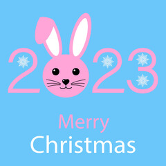 Happy New Year 2023 illustration.Cute rabbit with text on blue background.