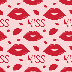 Seamless pattern with red lips and word kiss. Flat vector illustration for Valentine's day, World Kiss day