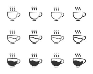 Grunge texture coffee cup icon set. Vector illustration.