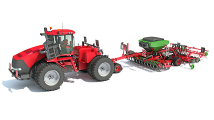 Farm Tractor with Seed Drill 3D rendering on white background