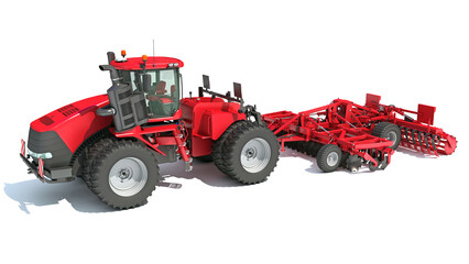 Tractor with trailed disc harrow 3D rendering on white background