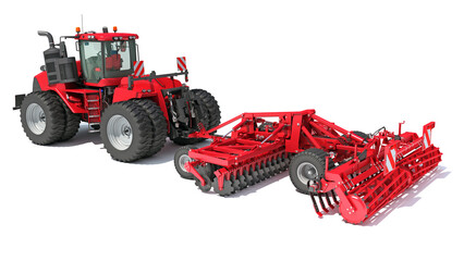 Tractor with trailed disc harrow 3D rendering on white background