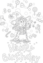 Happy birthday card with a funny little witch waving her magic wand and conjuring funny tricks with flying sweets, black and white outline vector cartoon illustration