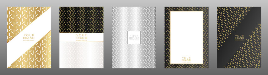 Modern luxury cover design set. Elegant fashionable background with abstract Christmas pattern of silver metal grid, stars. Luxury creative print design for invite, gift certificate, vip card.