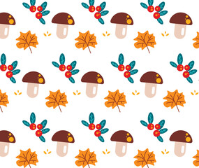 Seamless pattern with autumn leaves and mushrooms