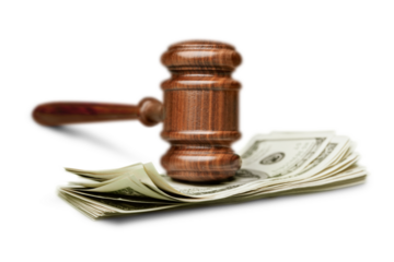 Wooden gavel with money on white  table