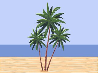 Beach scenery with green tropical palm trees, blue see and sky, and golden sand. Sunny day vacation and relaxation illustration. Summer landscape. Vector.
