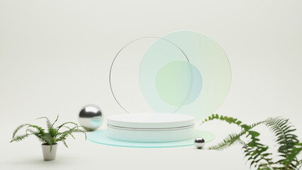 3D render of a modern product Display Podium mockup on a bright background. Glossy tabletop with a Silver band around it, and colorful Frosted Glass backdrop. Silver spheres and Potted Fern plants