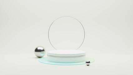 3D render of a modern product Display Podium mockup on a bright background. Glossy tabletop with a Silver band around it with Silver spheres plants around