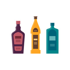 Set bottles of liquor, beer, schnapps. Great design for any purposes. Icon bottle with cap and label. Flat style. Color form. Party drink concept. Simple image shape