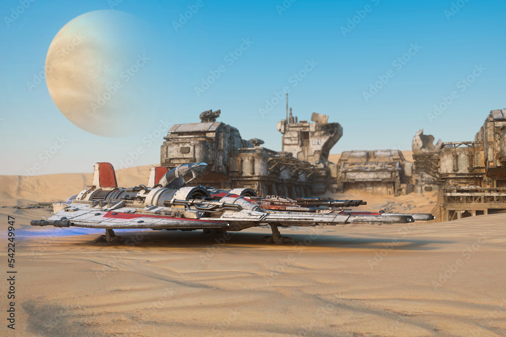 Poster dirty fighter space ship on a remote desert alien planet. 3d rendering.