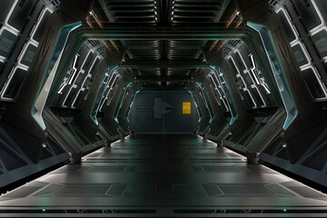 Science fiction fantasy corridor in a space station or star ship. 3D illustration.