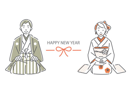 和服で新年の挨拶をする女性と男性　シンプルでお洒落な線画イラスト