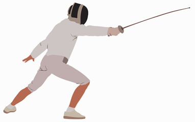 Professional fencer in fencing mask with rapier standing in pose.