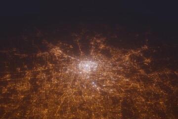 Aerial shot of Milan (Italy) at night, view from north. Imitation of satellite view on modern city with street lights and glow effect. 3d render - obrazy, fototapety, plakaty