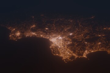 Aerial shot of Palermo (Italy) at night, view from north. Imitation of satellite view on modern city with street lights and glow effect. 3d render