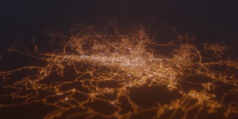 Street lights map of Skopje (North Macedonia) with tilt-shift effect, view from south. Imitation of macro shot with blurred background. 3d render, selective focus