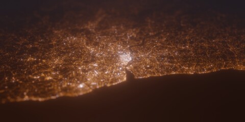 Street lights map of Porto (Portugal) with tilt-shift effect, view from west. Imitation of macro shot with blurred background. 3d render, selective focus