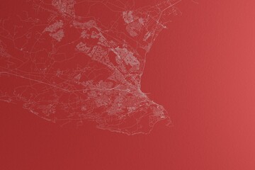 Map of the streets of Port Elizabeth (South Africa) made with white lines on red paper. Top view, rough background. 3d render, illustration