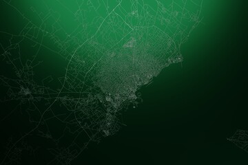 Street map of Sfax (Tunisia) engraved on green metal background. Light is coming from top. 3d render, illustration