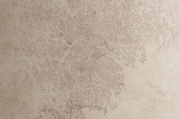Map of Kampala (Uganda) on an old vintage sheet of paper. Retro style grunge paper with light coming from right. 3d render