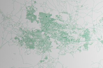 Map of the streets of Kabul (Afghanistan) made with green lines on white paper. 3d render, illustration