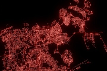 Street map of Manama (Bahrain) made with red illumination and glow effect. Top view on roads network. 3d render, illustration
