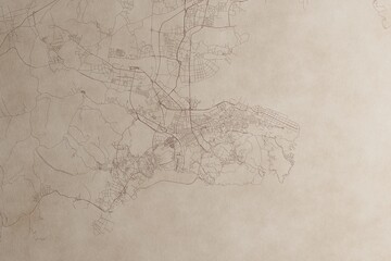 Map of Dalian (China) on an old vintage sheet of paper. Retro style grunge paper with light coming from right. 3d render