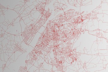 Map of the streets of Nanjing (China) made with red lines on white paper. 3d render, illustration