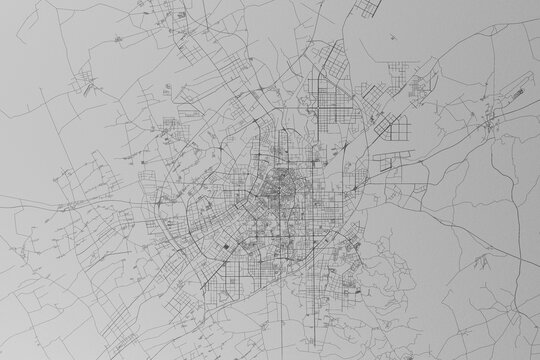 Map of the streets of Changchun (China) made with black lines on grey paper. Top view. 3d render, illustration