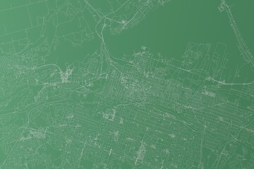 Stylized map of the streets of Hamilton (Canada) made with white lines on green background. Top view. 3d render, illustration