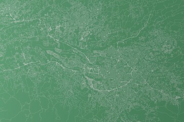 Stylized map of the streets of San Jose (Costa Rica) made with white lines on green background. Top view. 3d render, illustration