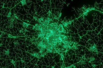 Map of the streets of Odense (Denmark) made with green illumination and glow effect. Top view on roads network. 3d render, illustration