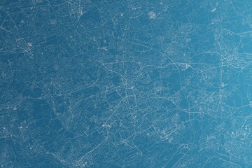 Map of the streets of Bochum (Germany) made with white lines on blue paper. Rough background. 3d render, illustration